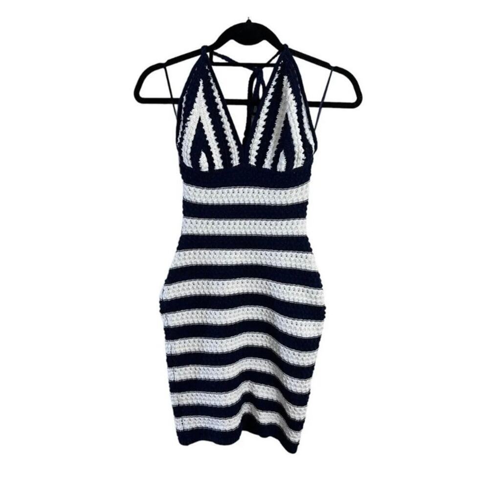 Aqua NEW Navy and White Striped Crochet Dress Size XL Halter Knee Length Summer